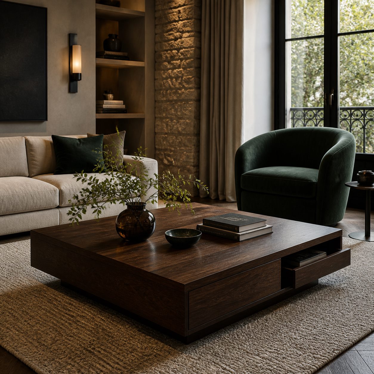 Table basse design en noyer et métal noir dans un salon contemporain - Mise en scene