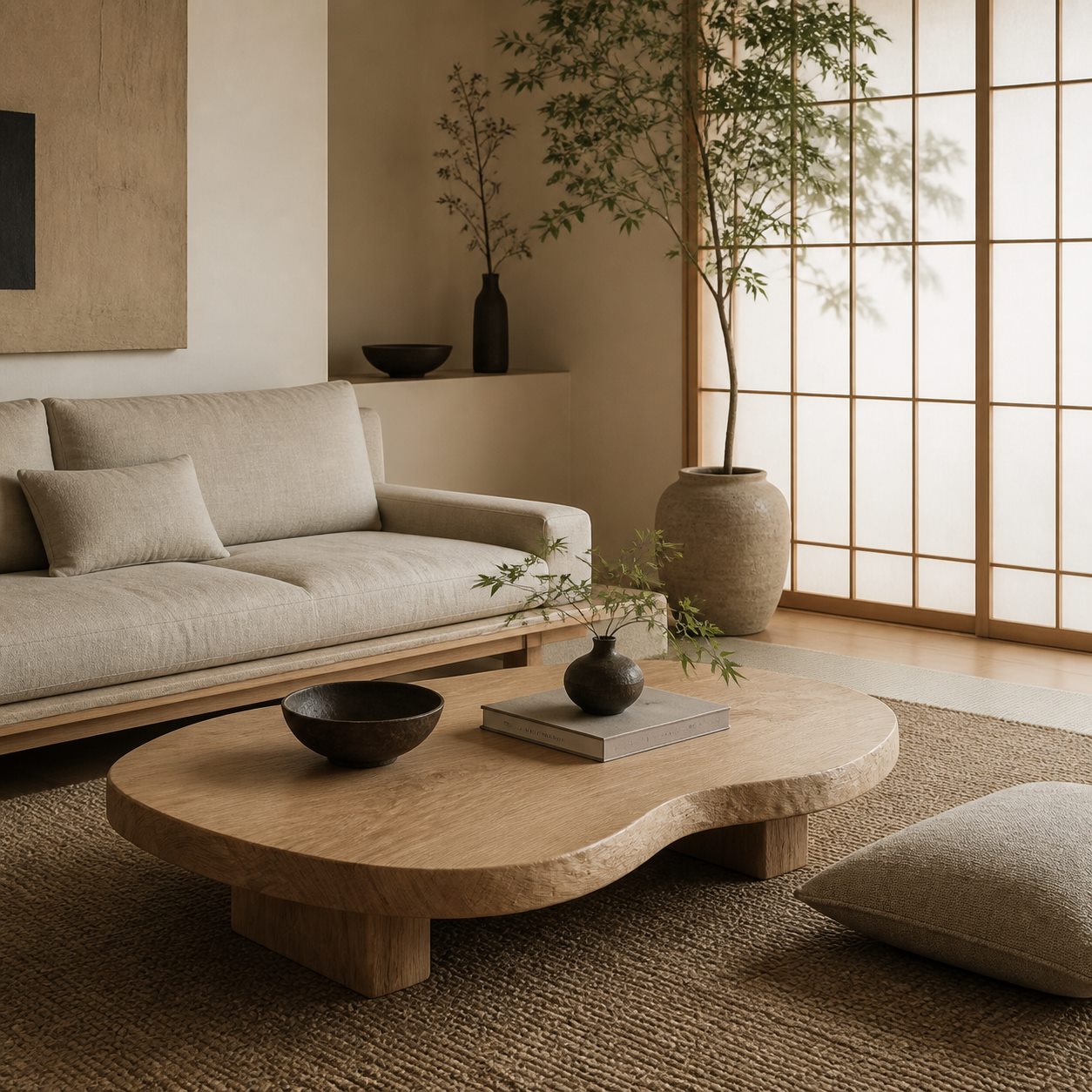 Table basse organique en bois naturel dans un intérieur japandi - Mise en scene