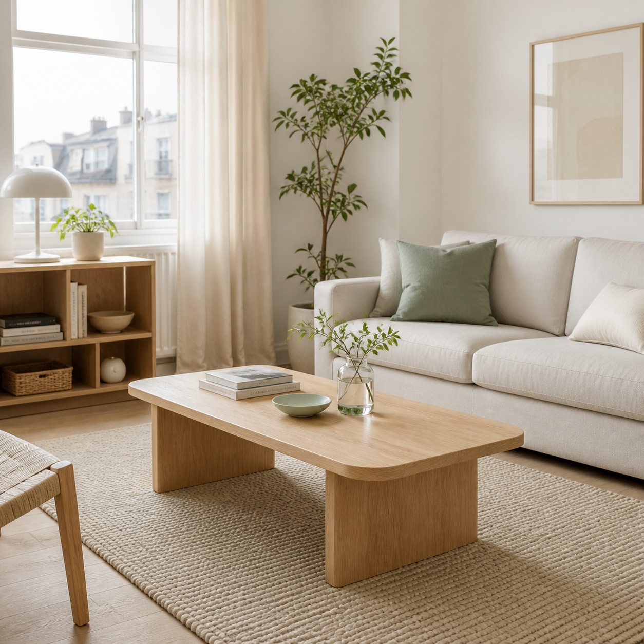 Table basse ronde en chêne clair dans un salon lumineux - Mise en scene