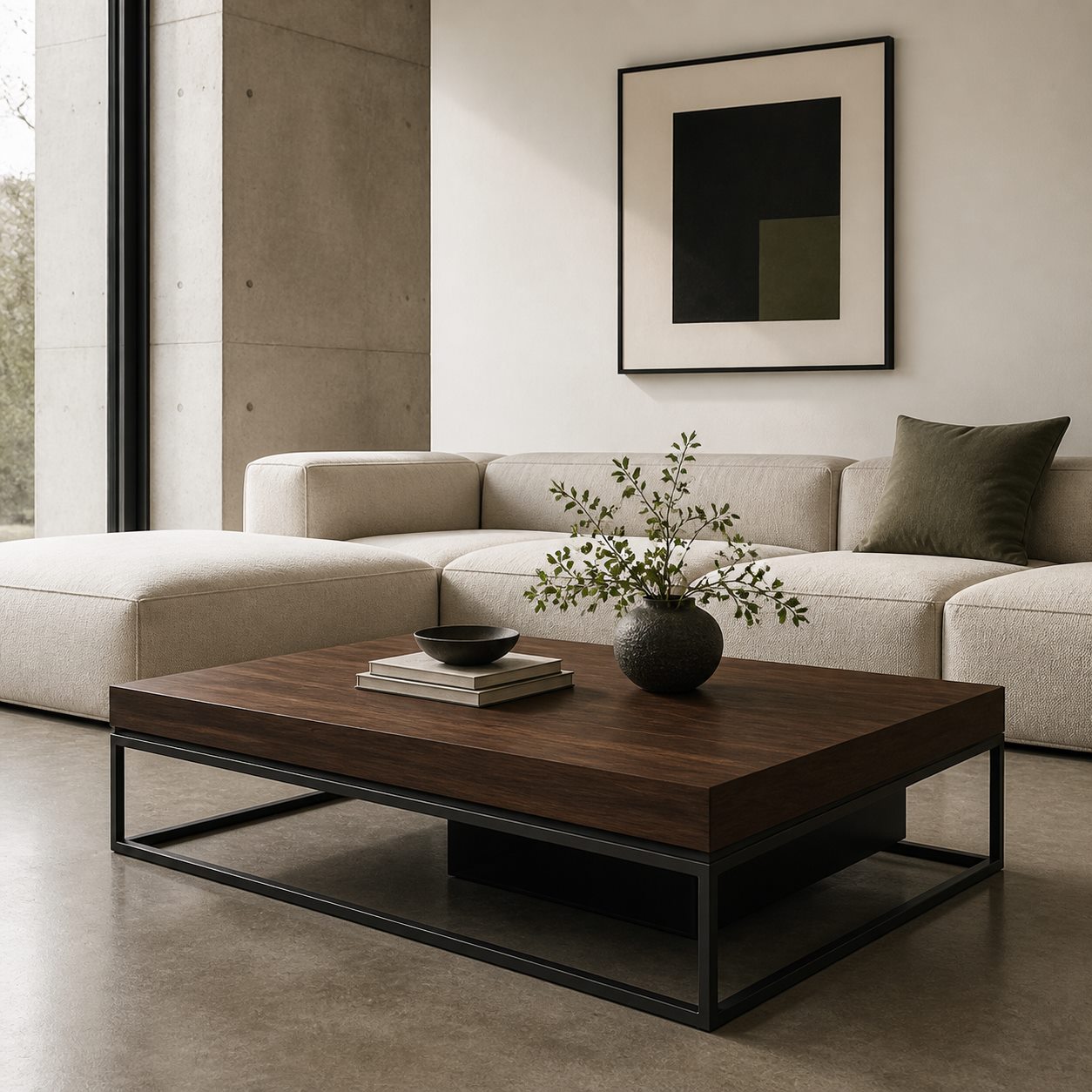 Table basse design en noyer et métal noir dans un salon contemporain - Vue salon