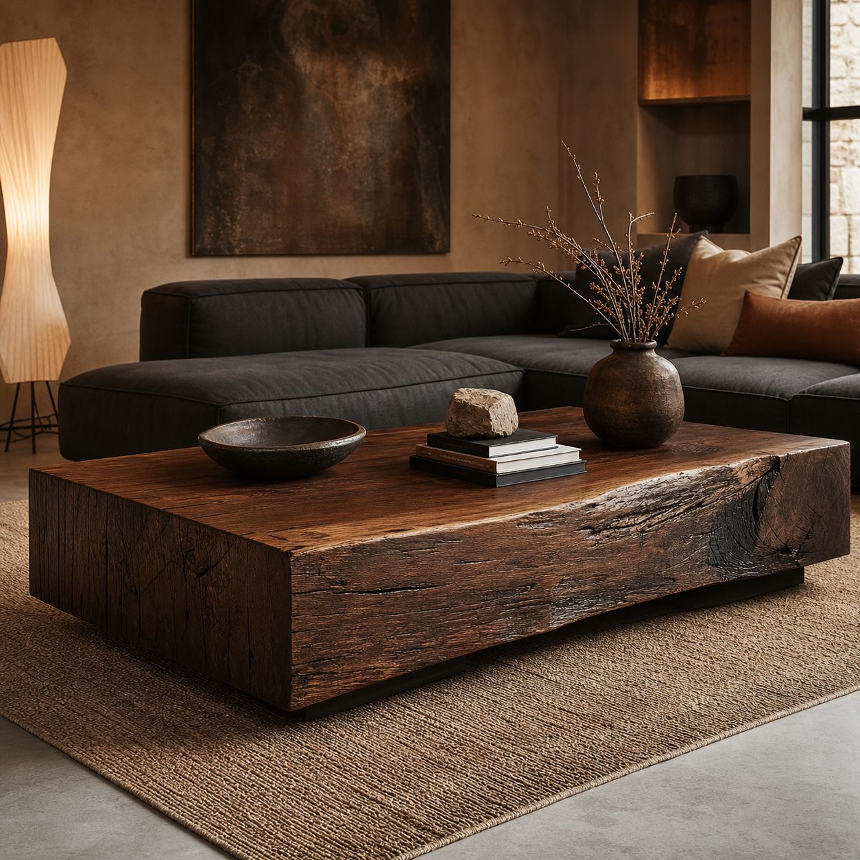 Table basse massive en bois foncé avec bord naturel - Vue salon