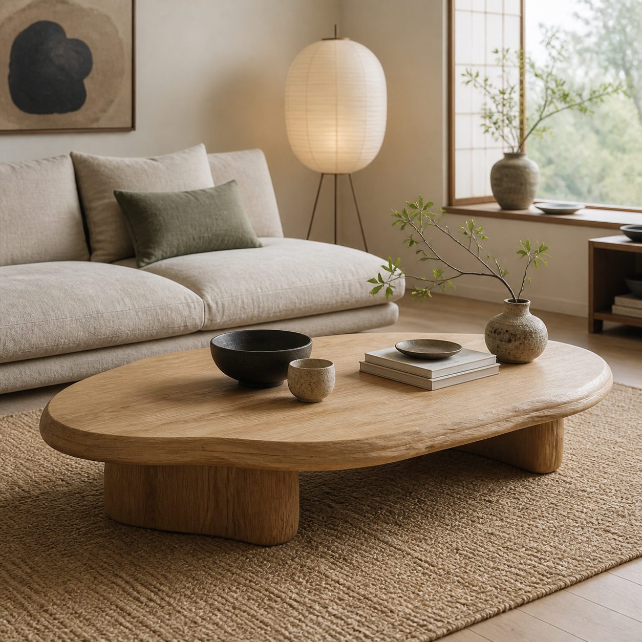 Table basse organique en bois naturel dans un intérieur japandi - Vue salon
