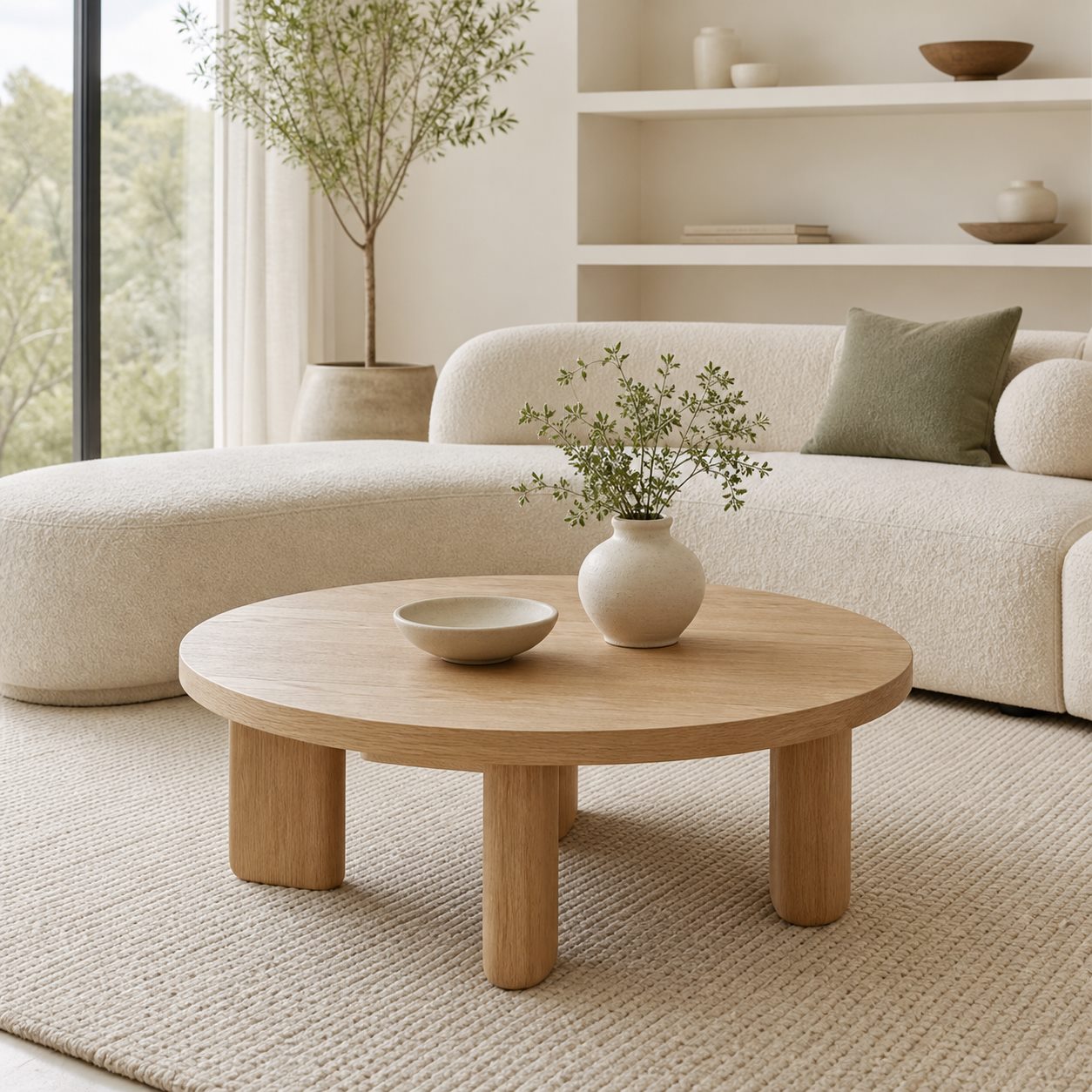 Table basse ronde en chêne clair dans un salon lumineux - Vue salon