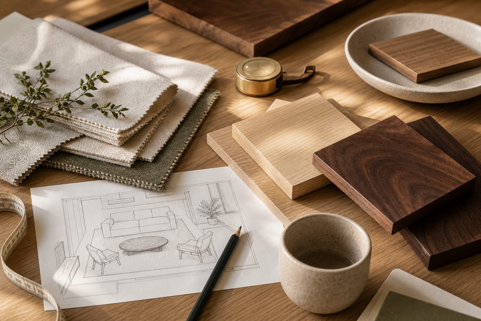 Echantillons de bois, tissus et plan de salon pour choisir une table basse