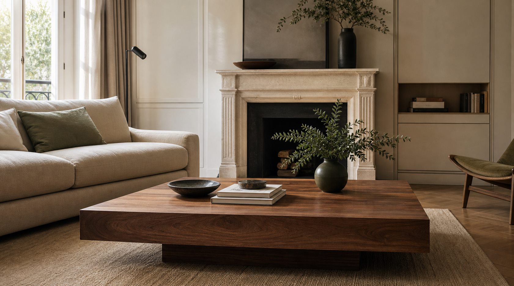 Table basse massive en bois foncé avec bord naturel - Mise en scene
