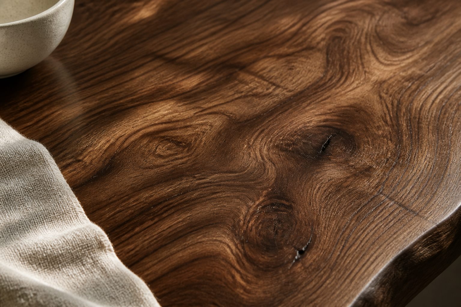 Table basse massive en bois foncé avec bord naturel - Detail matiere