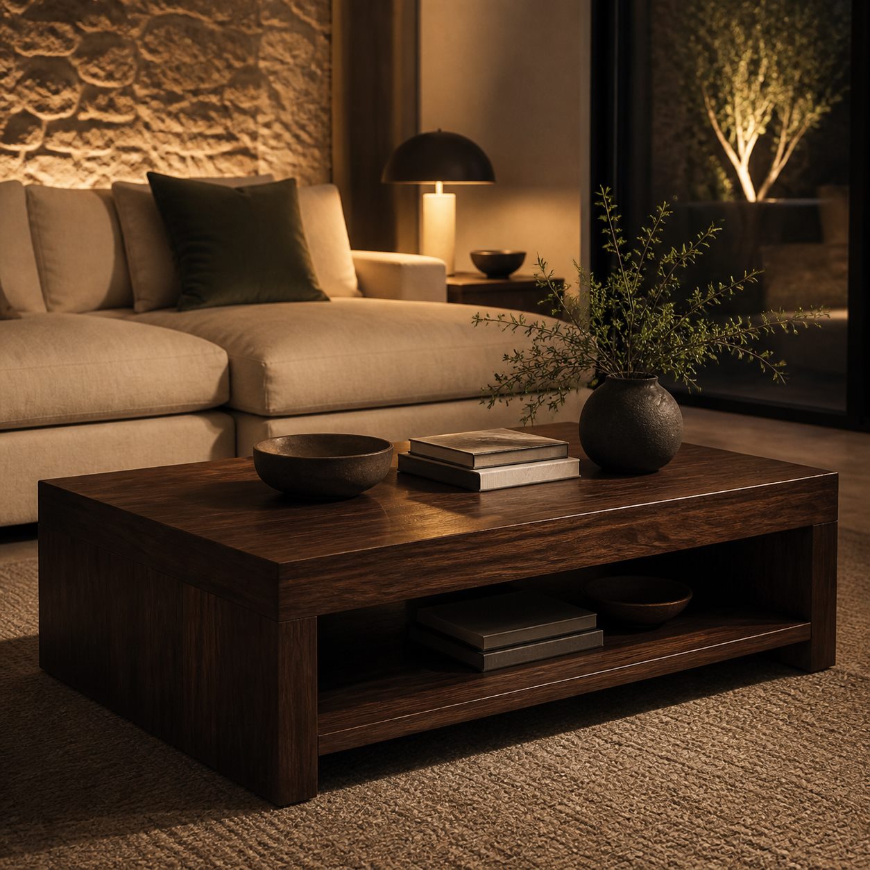 Table basse design en noyer et métal noir dans un salon contemporain - Detail matiere