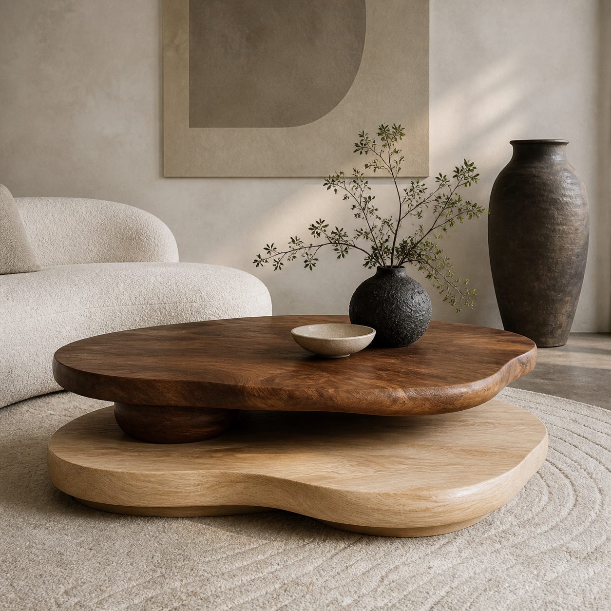 Table basse organique en bois naturel dans un intérieur japandi - Detail matiere