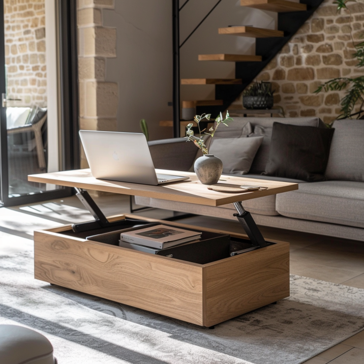 Table basse rectangulaire en bois avec plateau relevable.