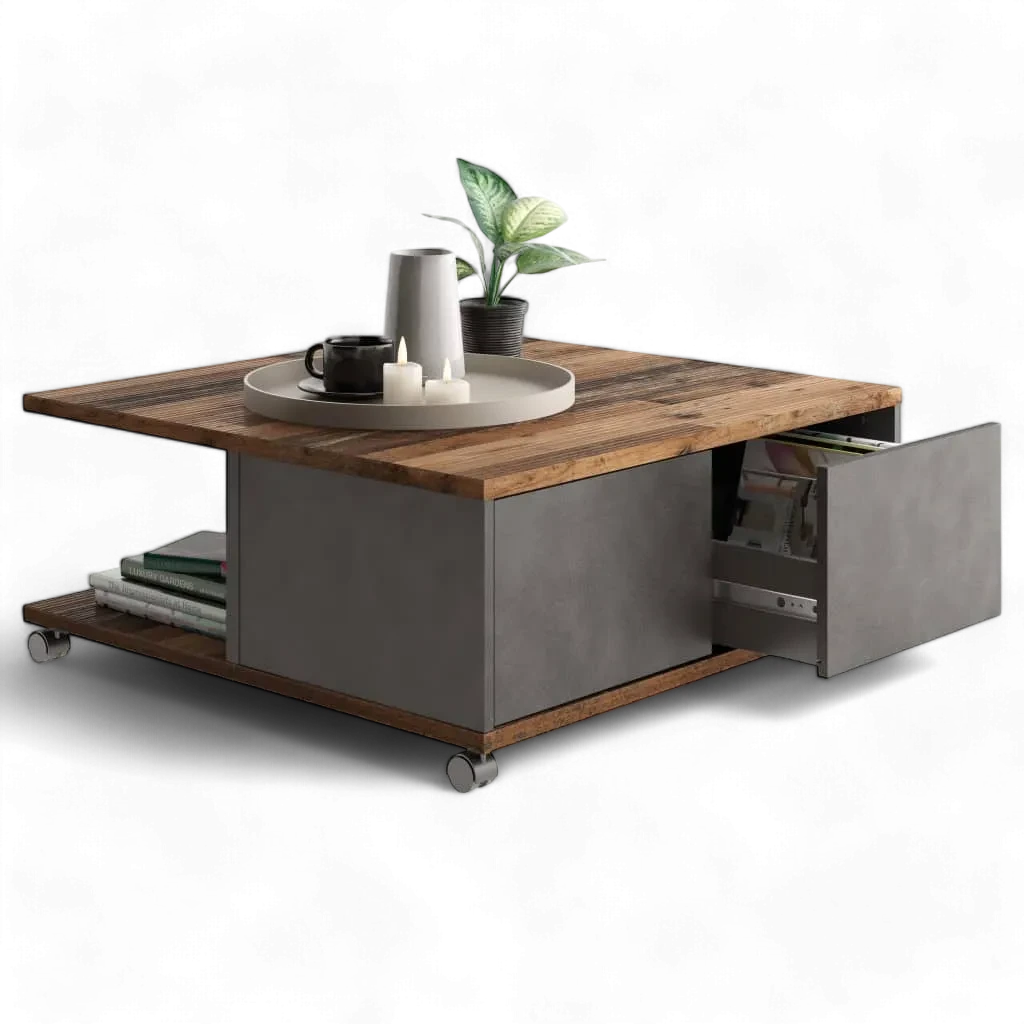 Table basse en bois avec roulettes