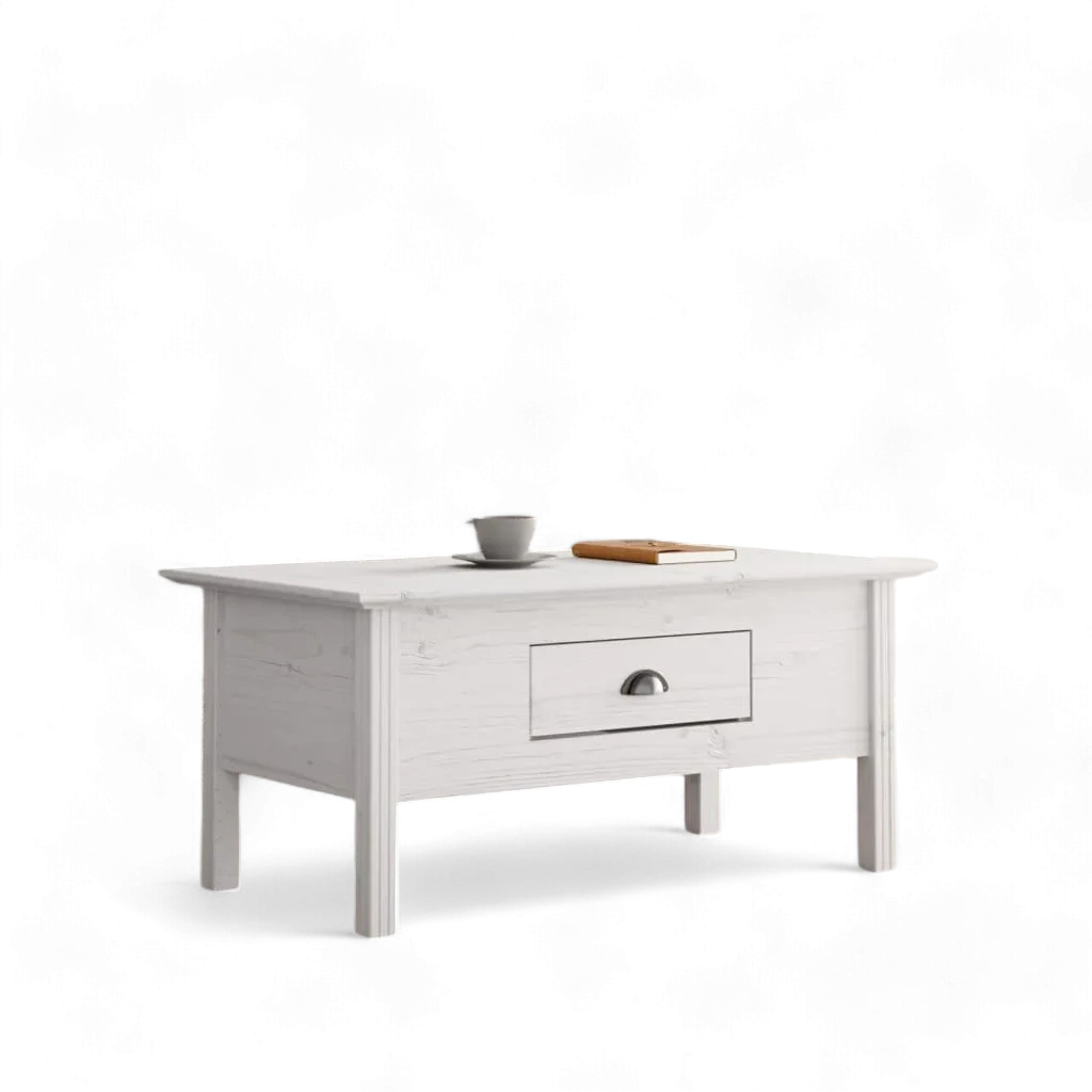 table basse en bois blanc vieilli